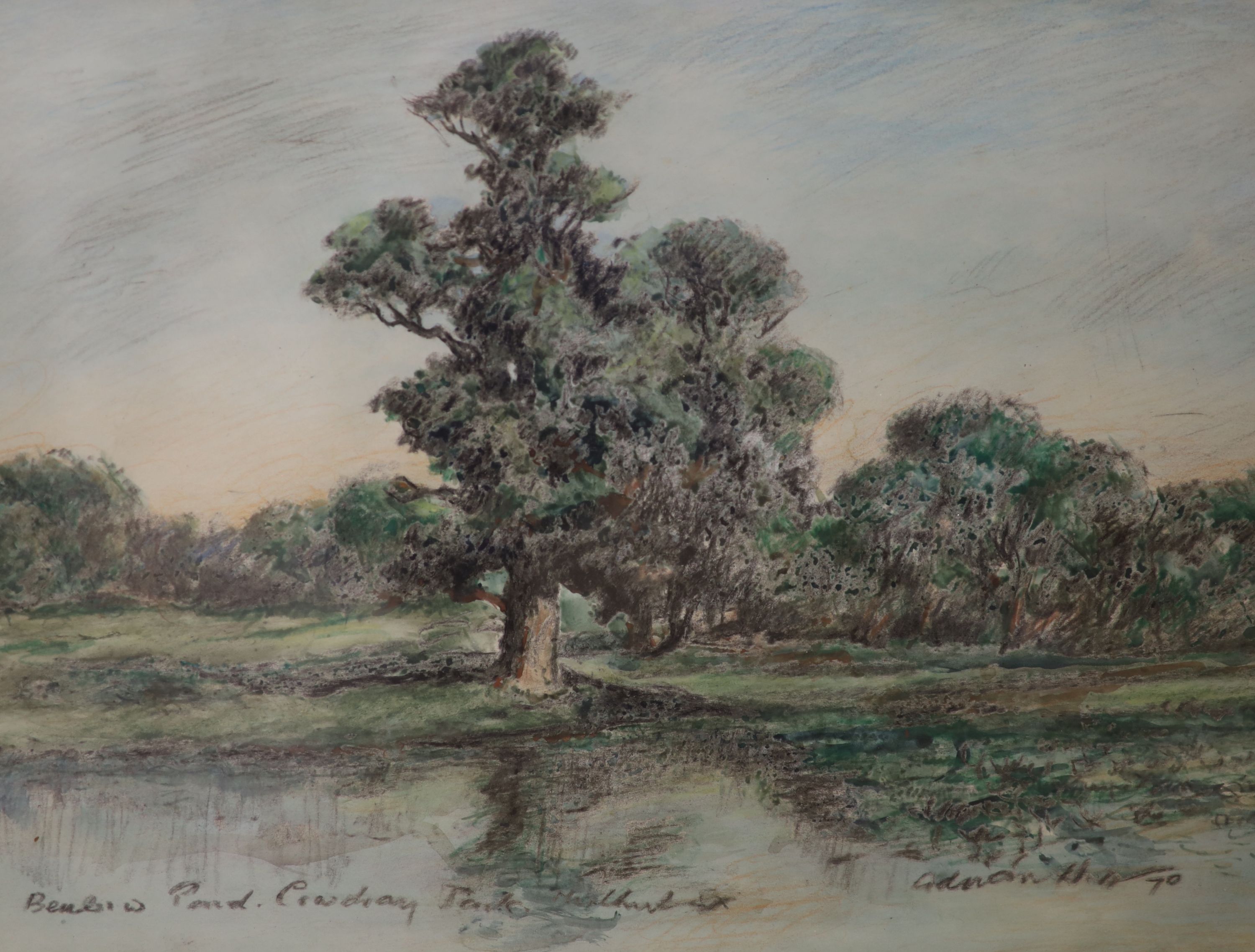 Adrian Hill (1895-1977), watercolour and charcoal, Bembo Pond, Cowdray Park, signed and dated 70, 26 x 36cm